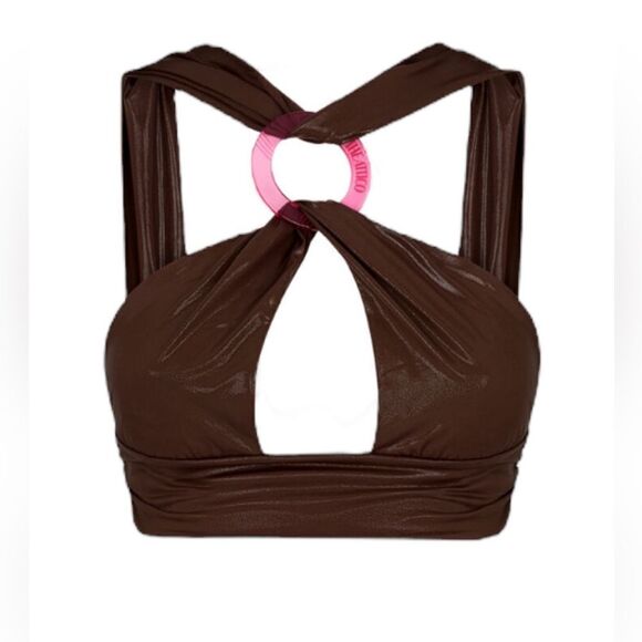 The Attico Cross Strap Faux-Leather Bikini Top Small Brown - Picture 1 of 10
